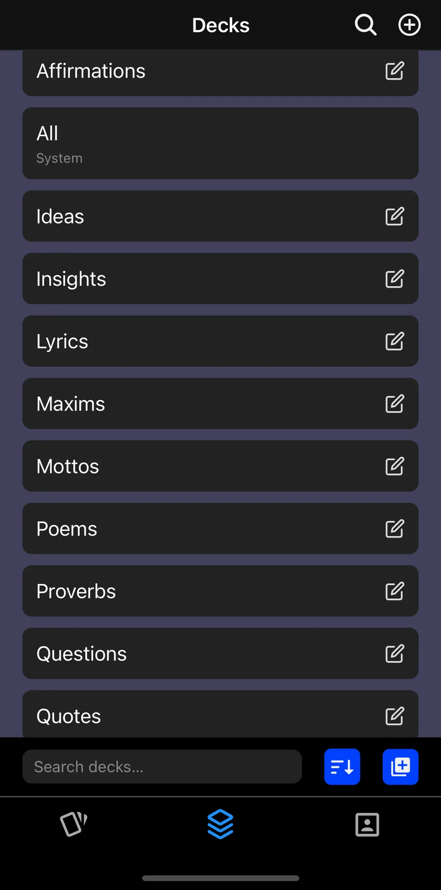 Decks list screen