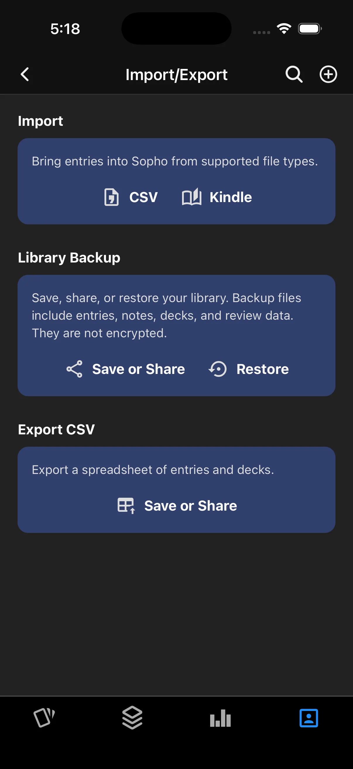 Sopho Import and Export screen showing CSV, Kindle, backup, restore, and CSV export